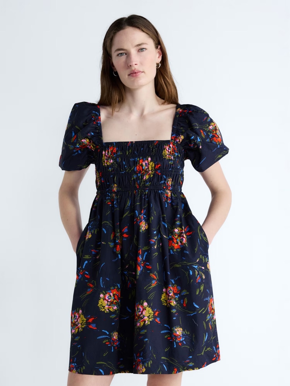 Free Assembly Navy Floral Square-Neck Puff Sleeve Mini Dress - NWOT